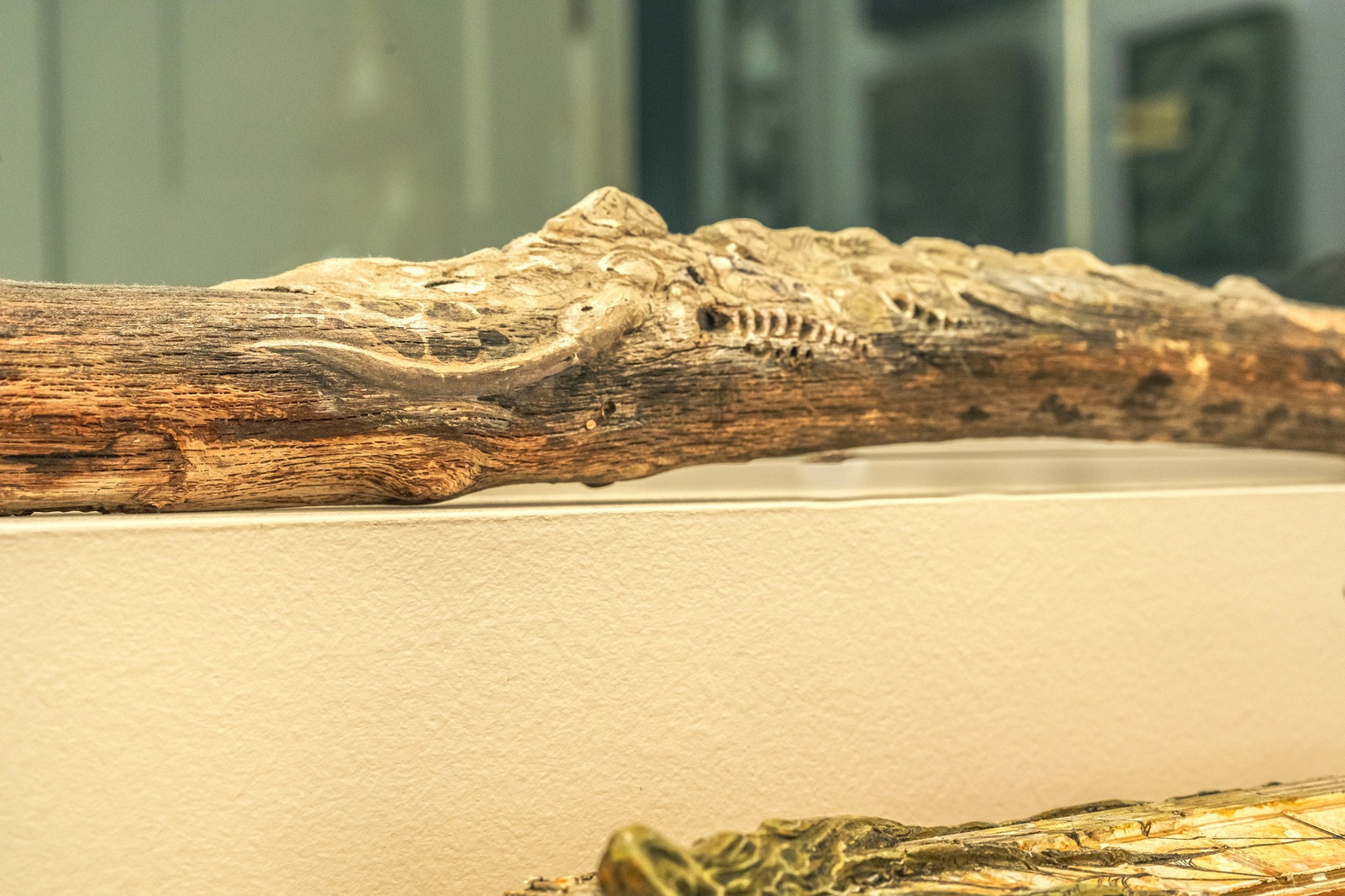 A textured sculpture rests on a white shelf.