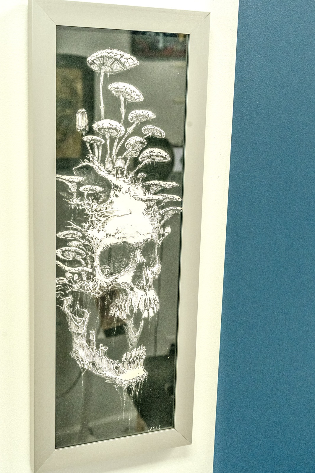 A framed drawing of a skull with mushrooms growing from it.