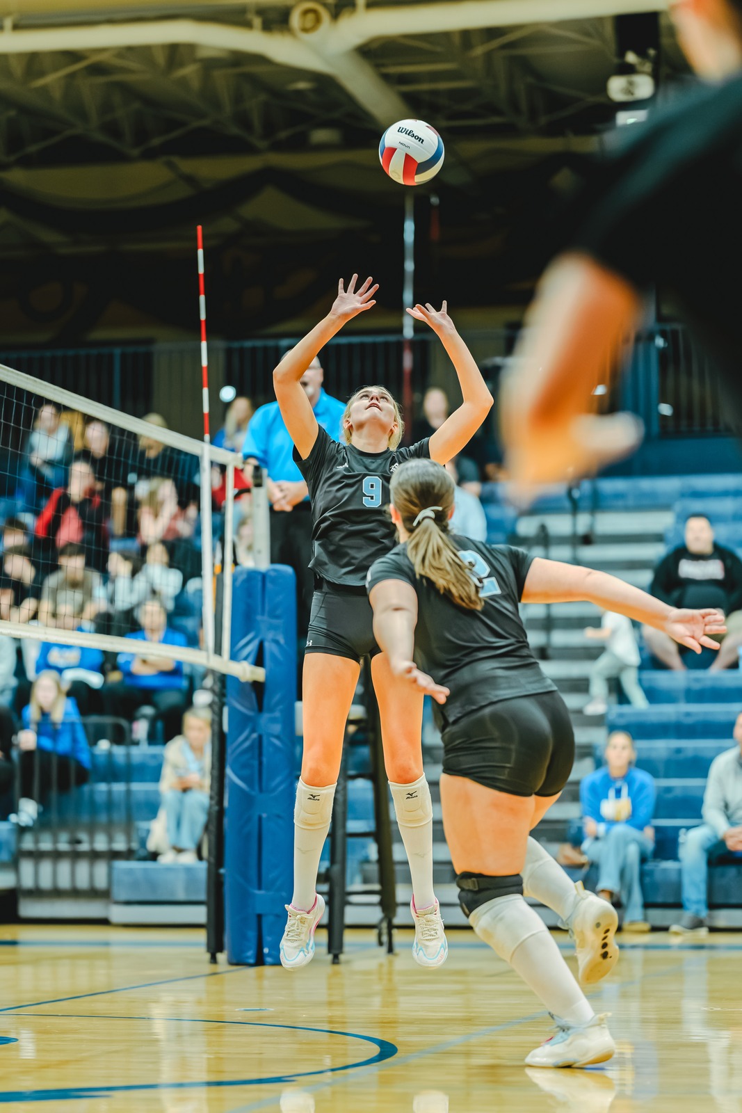 A player in black reaches overhead for the ball while another player in black crouches.