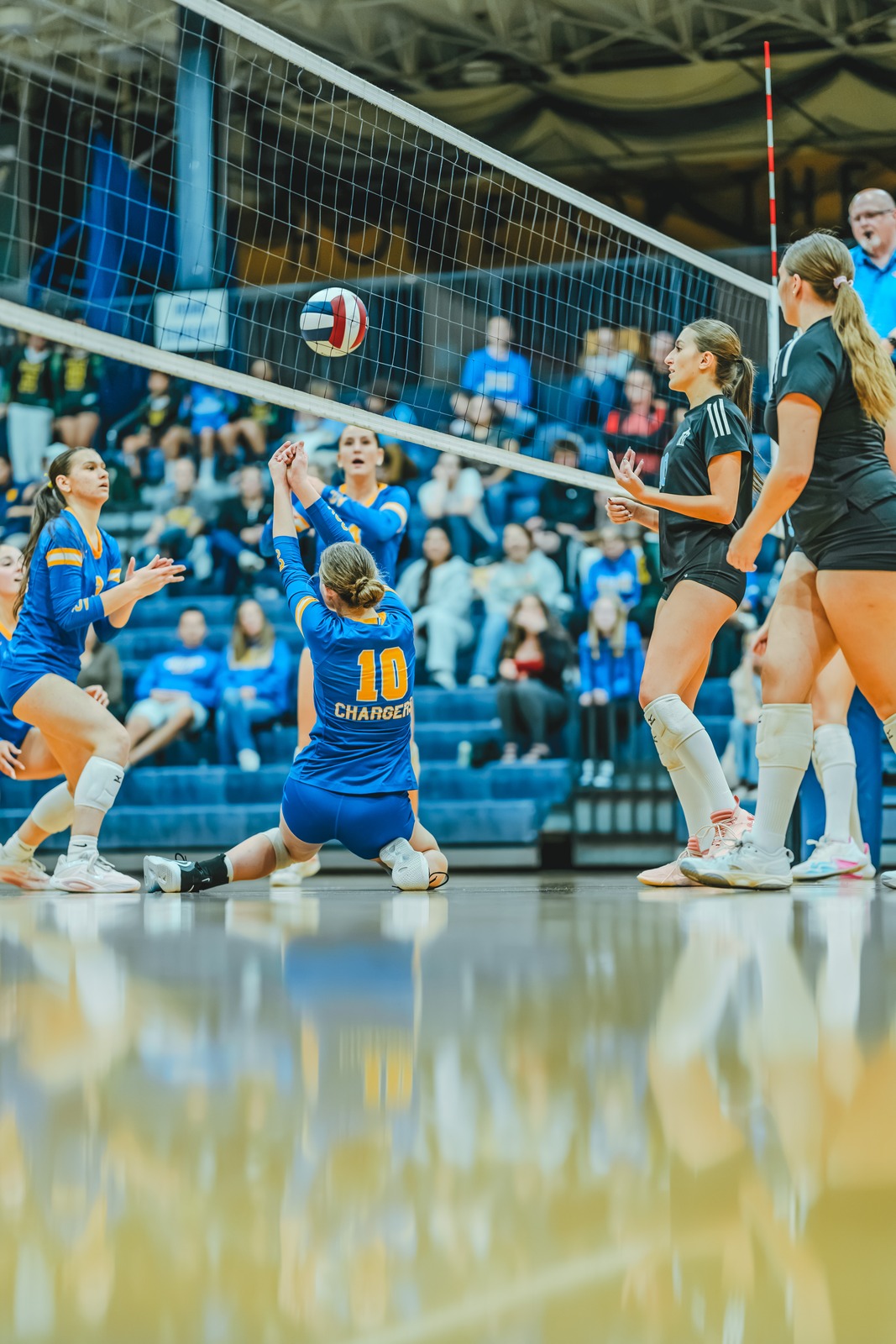 A player in blue reaches for the ball while a player in black stands ready.
