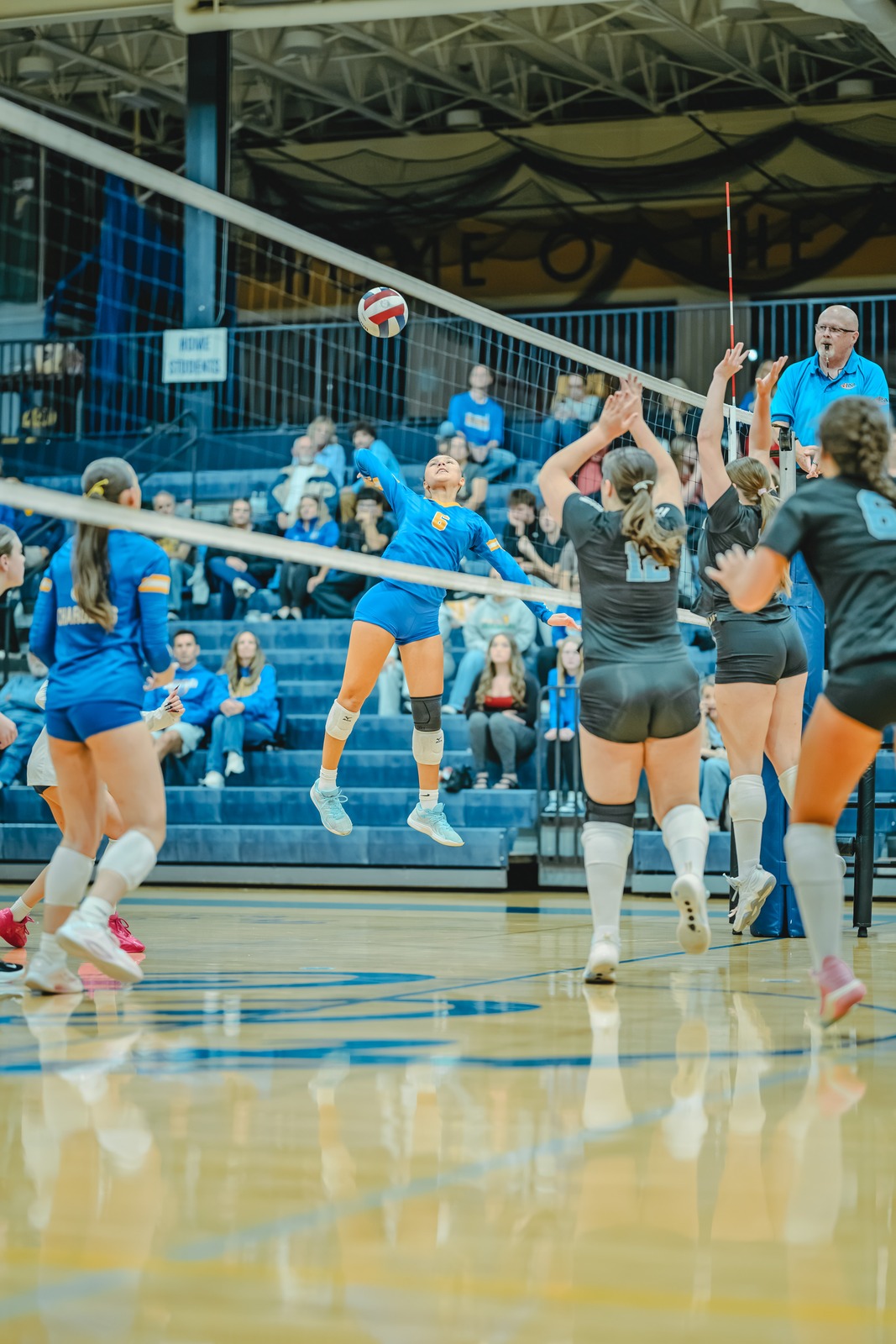 A player in blue jumps and swings at the ball over the net.